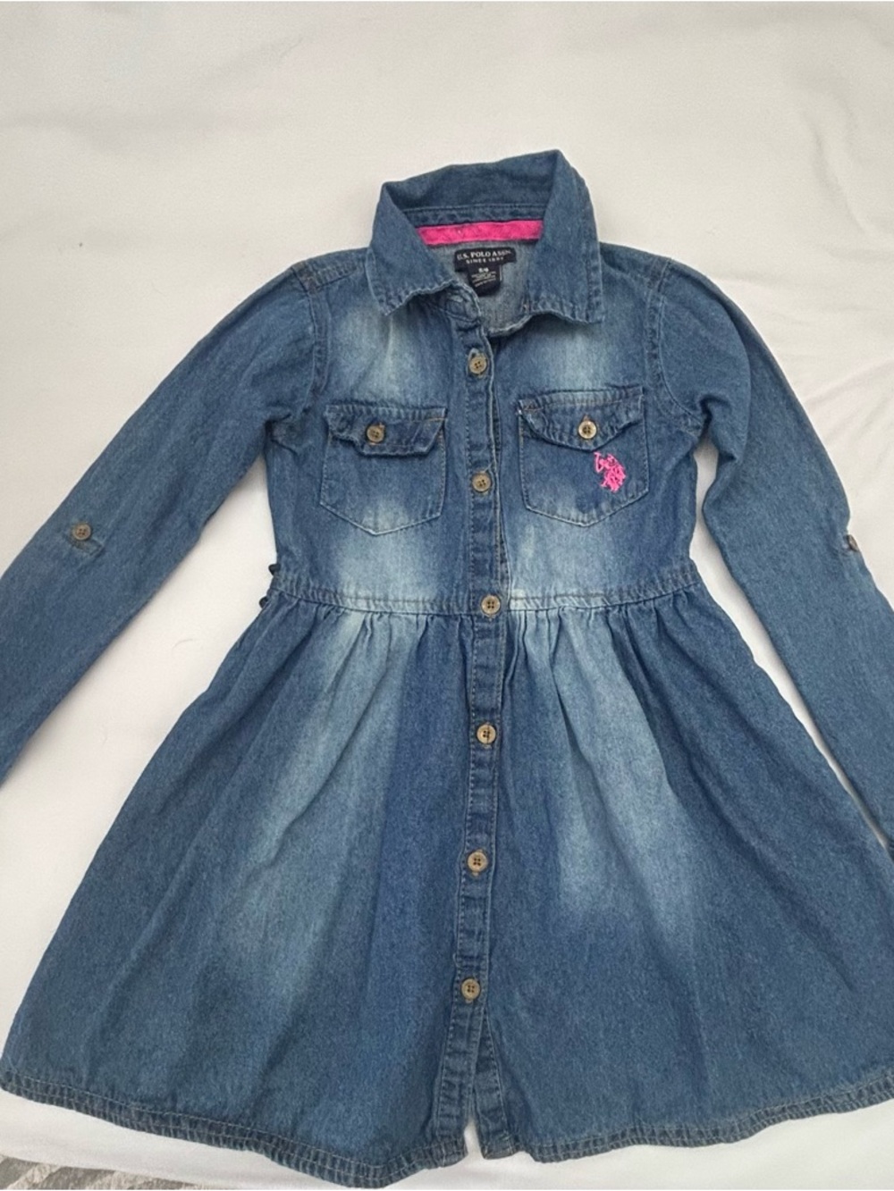 U.S. Polo Assn. Girls' Blue Denim Button-Front Dress Jacket with Pink Pony